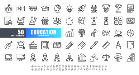 Vector of 50 Education and School Subject Line Outline Icon Set. 64x64 and 256x256 Pixel Perfect Editable Stroke.