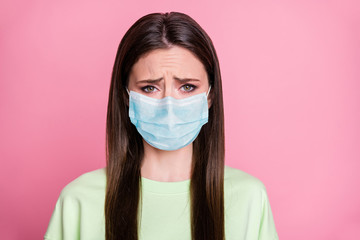 Canvas Print - Close-up portrait of her she attractive depressed miserable straight-haired girl wearing safety gauze mask wuhan syndrome viral pneumonia mers cov contamination isolated pink pastel color background