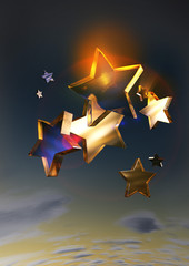 Rendering of a group of golden blue stars in the night sky.