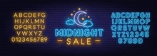 Midnight Sale Neon Sign On A Brick Wall Background. Template Yellow And Blue Neon Alphabets. Vector Illustration.