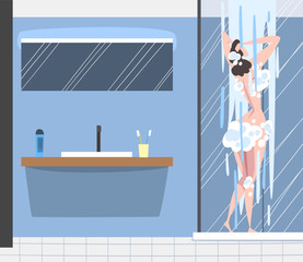 Sticker - Young Woman Taking Shower, Daily Routine, Hygiene Procedure in Bathroom Cartoon Vector Illustration