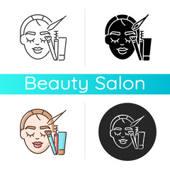 Sticker - Brow art icon. Eyebrow lamination and tinting. Beauty salon. Semi permanent eyebrows makeup. Beauty procedures. Linear black and RGB color styles. Isolated vector illustrations