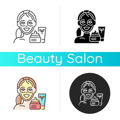 Sticker - Skin care treatment icon. Skincare routine products. Skin treatment. Face masks and creams. Cosmetologist. Natural cosmetics. Linear black and RGB color styles. Isolated vector illustrations