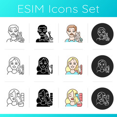 Hairdresser services icons set. Mens hair cut. Permanent and temporary hair dyeing. Hairstyling shop. Beauty salon. Linear, black and RGB color styles. Isolated vector illustrations