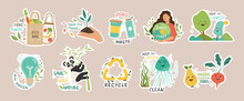 Ecology Colorful Stickers Collection. Trendy Slogans To Save The Planet. Eco Friendly Tools, Zero Waste Concept, Environmental Protection, Save Wild Nature And Other. Flat Vector Illustration