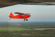 Vintage Red Small Plane Stinson In Flight Over The Green Forest.