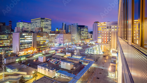 Cuadros en Lienzo Sapporo city downtown skyline cityscape of Japan sunset