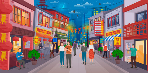 Chinese evening street. Traditional Asian buildings, shops, shops, Chinese lanterns. Tourists walk along the street, eastern sellers invite visitors. Woman in a protective mask. Bright Chinatown