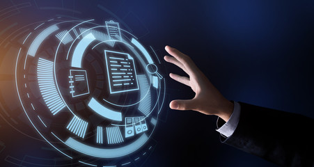 Poster - Business Data Storage. Businessman Hand Touching Virtual Screen With Information Icons