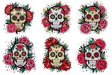 Wall Mural - Mexican skull old school roses set