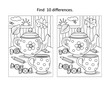 Find 10 differences visual puzzle  and coloring page with cup, teapot, candy
