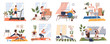 © robu_s - Sport exercise at home scenes set. Different people doing workout indoor. Yoga and fitness, healthy lifestyle. Flat vector illustration men and women using house as a gym lead an active lifestyle