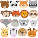 Fototapeta Pokój dzieciecy - Cute cartoon animals bear,koala, fox, raccoon, monkey, lion, sloth, elephant, llama, dear flat style