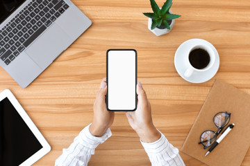 Aufkleber - Top view woman using her smart phone at home