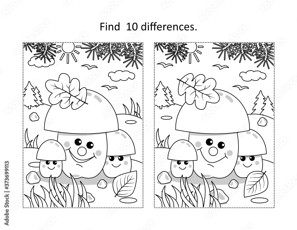 Find 10 differences visual puzzle and coloring page with three ...