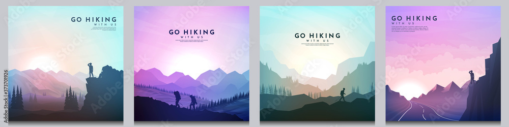 Vector brochure cards set. Travel concept of discovering, exploring and observing nature. Hiking. Climbing. Adventure tourism. Flat design for social media, blog post, poster, invitation, gift card. - obrazy, fototapety, plakaty 