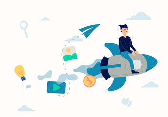 vector man riding rocket, marketing concept illustration, cartoon for landing page