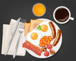 Traditional english breakfast on a plate, top view. Vector illustration.