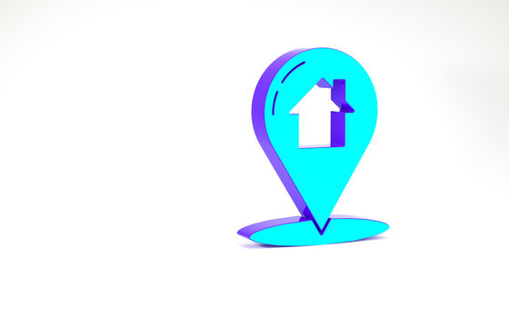 Turquoise Map pointer with house icon isolated on white background. Home location marker symbol. Minimalism concept. 3d illustration 3D render.