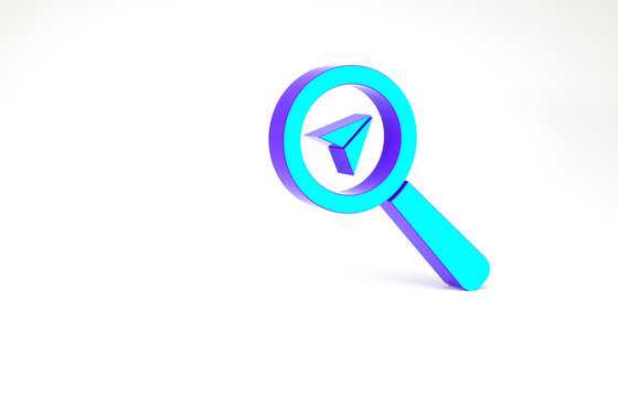 Turquoise Search location icon isolated on white background. Magnifying glass with pointer sign. Minimalism concept. 3d illustration 3D render.