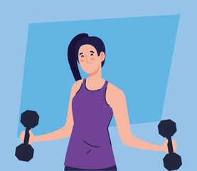 Canvas Print - woman doing exercises with dumbbells, sport recreation exercise vector illustration design