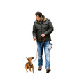 © TeamDF - A man and his little dog practicing 'walking to heel' isolated on white background