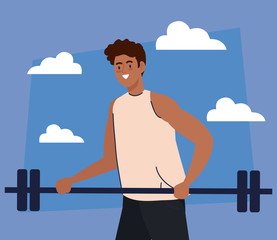 Sticker - man afro with weight bar outdoor, exercise sport recreation vector illustration design