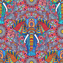Boho Elephant Pattern. Vector Illustration. Floral Design, Hand Drawn Map With Elephant Ornamental