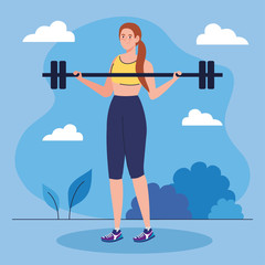 Sticker - woman doing exercises with weight bar outdoor, sport recreation exercise vector illustration design