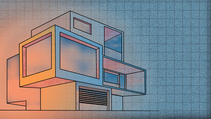 Poster - The house is made of parallelepipeds of different sizes. Drawing of a house on a gray background in a cage. Concept of the new building. Construction project.