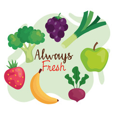 Sticker - banner, always fresh vegetables and fruits, concept healthy food vector illustration design