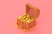 3d Render Treasure Chest With Coins On Pink Background.