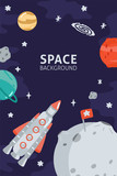Fototapeta Kosmos - Space template with rocket, planets, cosmonaut and copy space for your text in cartoon style. Cute concept for kids print. Illustration for design kids room postcard, textiles. Vector