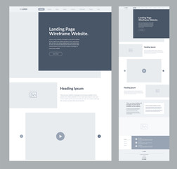 Website landing page wireframe design for business. One page site layout template. Modern flat UX/UI site development. Responsive cool website design concept.