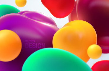 Poster - Colorful flowing bubbles. Vector 3d illustration. Abstract background. Soft translucent smooth balls. Lava lamp liquid shapes. Fluid spheres. Modern banner or cover design