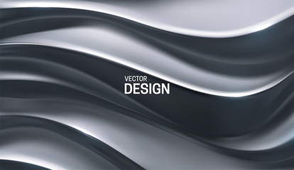Poster - Silver waves. Curvy pattern. Vector 3d illustration. Abstract luxury background. Minimalist geometric cover design. Warped metallic stripes. Topography relief. Elegant backdrop.