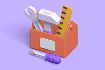 Toolbox 3D render with repair equipment of roller, hammer, screwdriver