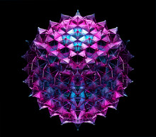 3d Render Of Abstract Art Of Surreal Alien Crystal Diamond Flower In Spherical Shape With Fractal Triangle Polygonal Pattern On Surface With Inner Neon Light In Purple And Blue Gradient Color On Black