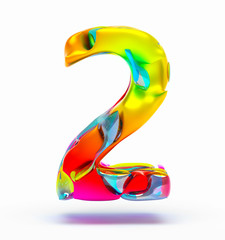 Fototapete - 3d render of abstract art of surreal 3d number two 2 in organic curve round wavy shape in matte plastic material with glass parts in yellow green purple and orange gradient color on white background