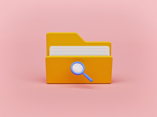 magnifying glass and yellow folder with files. concept of document search. minimal design. 3d render