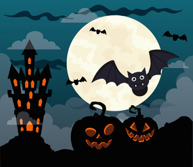 Poster - happy halloween background with castle haunted, pumpkins, bats flying and full moon vector illustration design