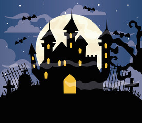 Poster - happy halloween background with castle haunted on cemetery scene vector illustration design