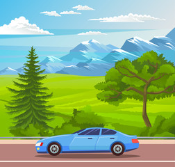 Wall Mural - Fashionable blue modern car rides on picturesque road. Mountains, rocks, coniferous and deciduous trees, hills and fields in the background. A race car rides on a country road. Highway out of town