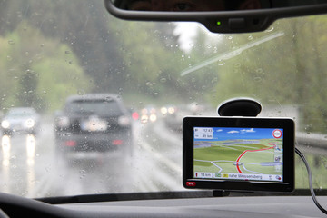 Closeup of a navigation device in a car