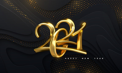 Wall Mural - Happy New 2021 Year. Holiday vector illustration of golden calligraphic numbers 2021. Realistic 3d sign. Festive poster or banner design. Modern lettering on wavy papercut background with glitters.