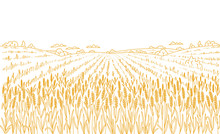 Agriculture Wheat Field. Hand Drawn Sketch. Rural Landscape Panorama. Cereal Harvest. Dry Grass Meadow. Contour Vector Line. Bread Wrapper. Copy Space.
