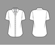 © Vectoressa - Classic shirt technical fashion illustration with short sleeves, relax fit, front button-fastening, regular collar. Flat apparel template front, back white color. Women men unisex top CAD mockup
