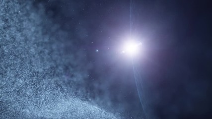 abstract universe with sun and 3d planet. cosmos with artistic dust and sphere in motion.