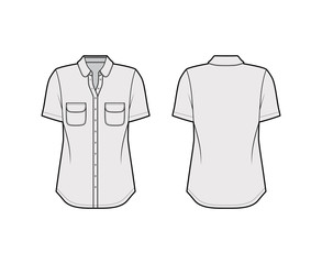 Wall Mural - Classic shirt technical fashion illustration with rounded pockets and collar, short sleeves, relax fit, front button-fastening. Flat apparel template front, back grey color. Women men unisex top CAD