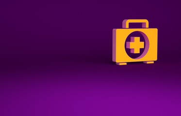 Orange First aid kit icon isolated on purple background. Medical box with cross. Medical equipment for emergency. Healthcare concept. Minimalism concept. 3d illustration 3D render.